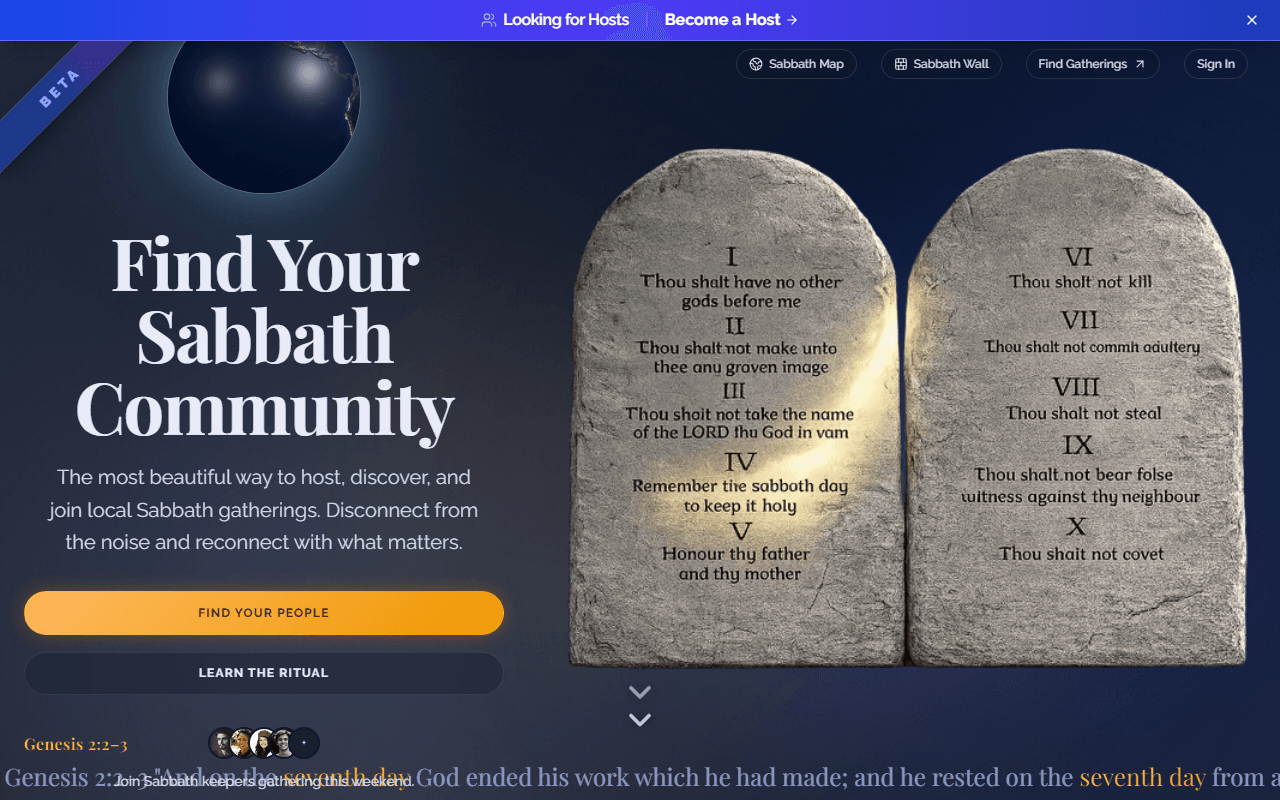 Sabbath Together homepage featuring the new WebGL globe