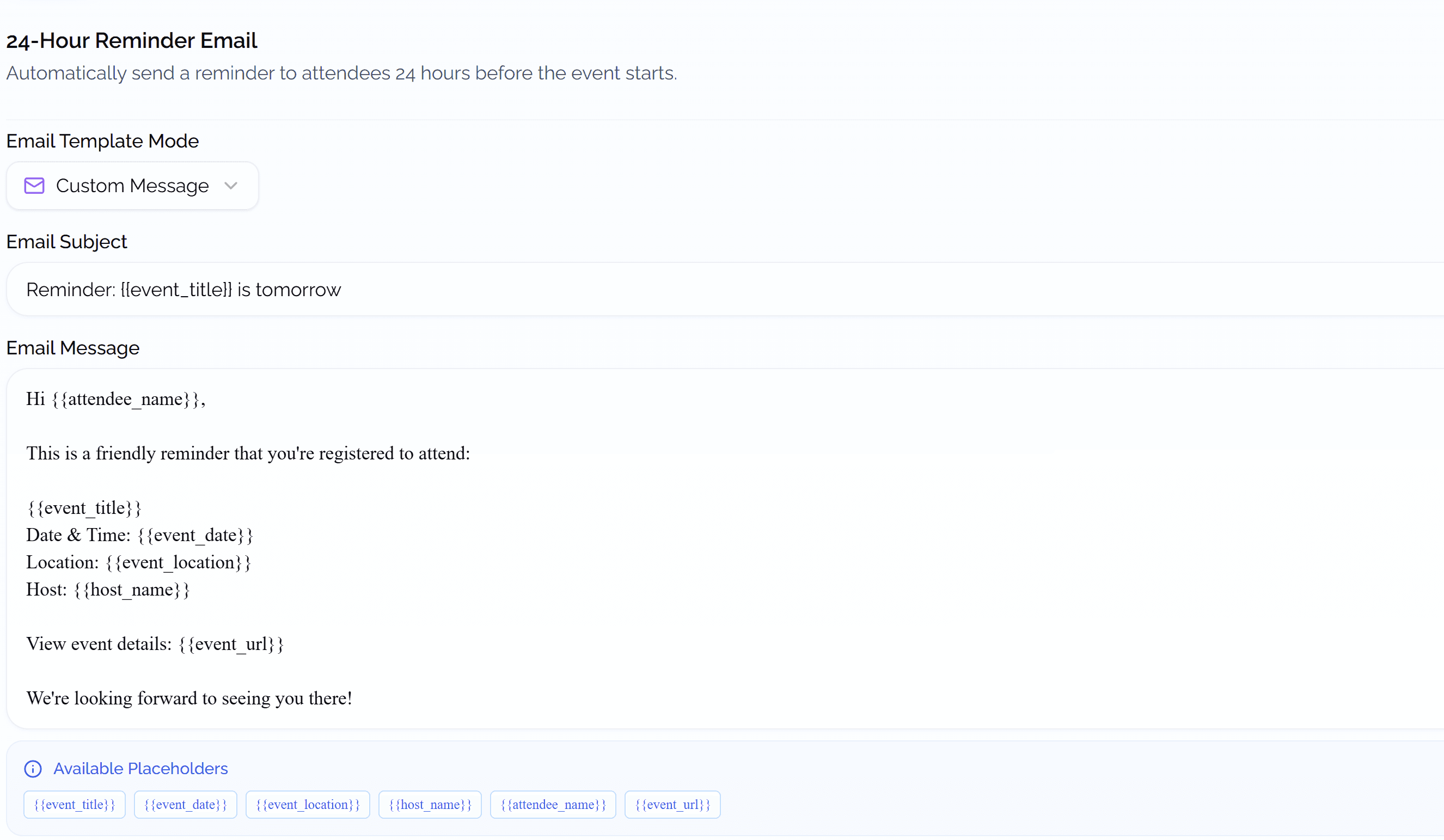 24-hour reminder email settings screenshot