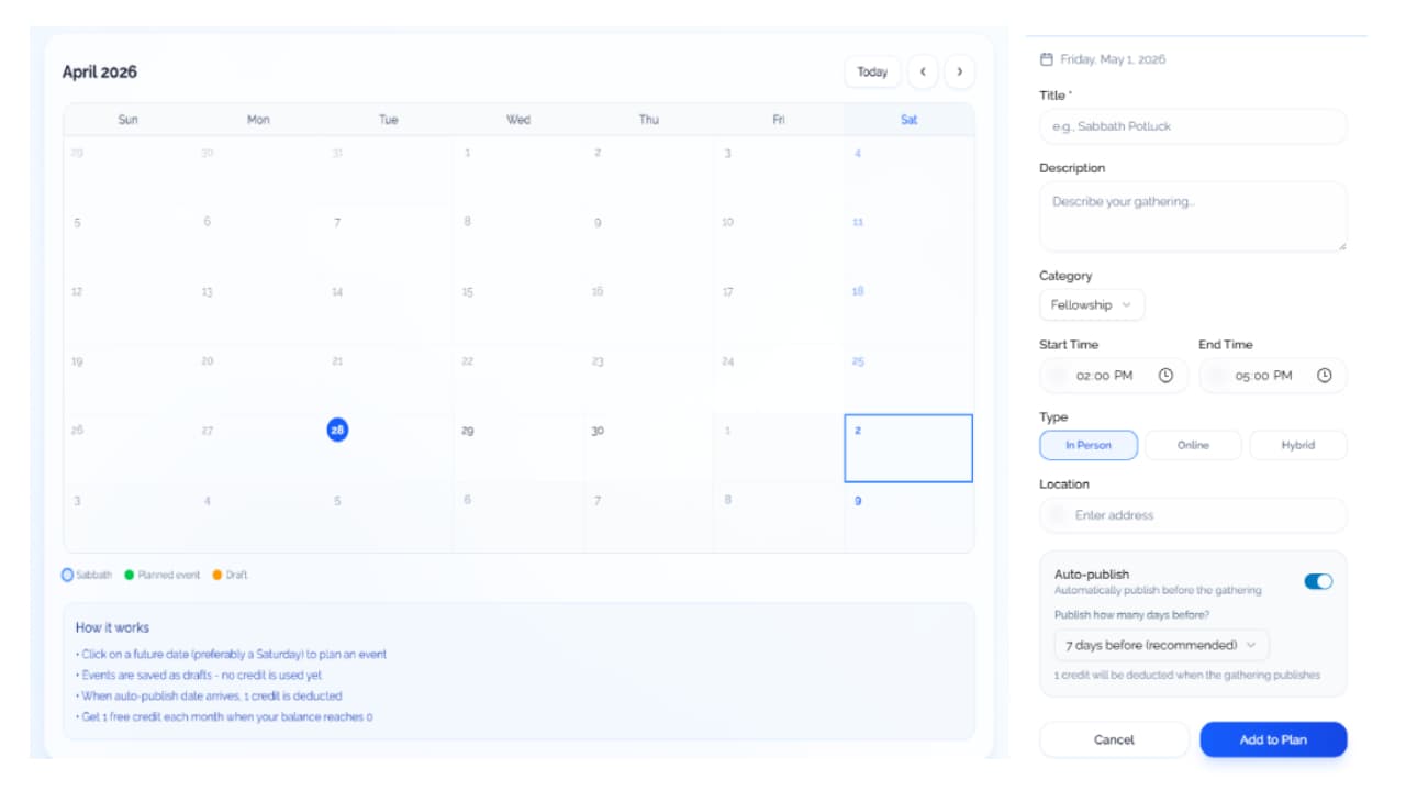 Planner calendar screen for scheduling Sabbath gatherings ahead of time
