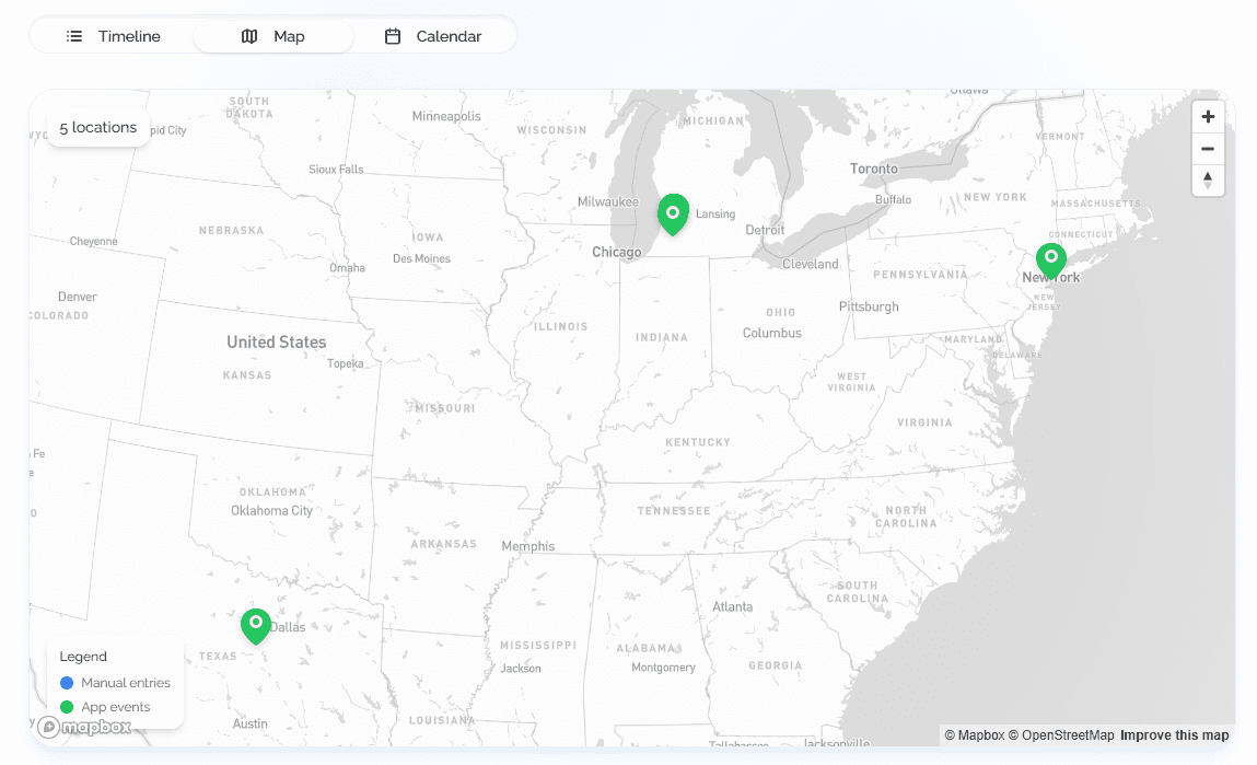 Sabbath Tracker screen showing activities and timeline (map view)